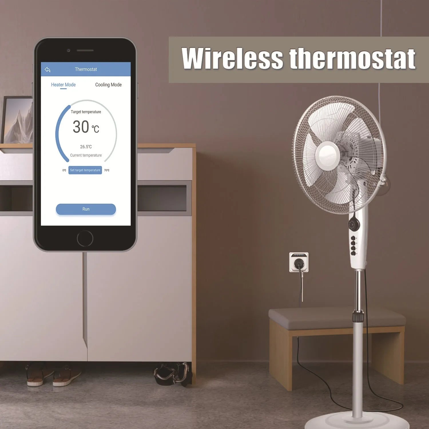 White Tuya smart temperature control switch socket with US 3-pin outlet and separate temperature sensor probe.