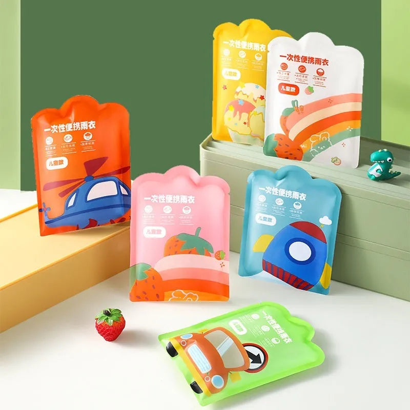 Disposable children's rain poncho folded to 13x9cm size in sealed bag packaging with colour options display