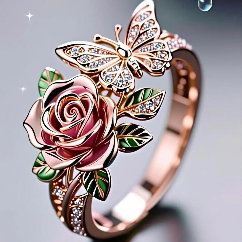 Adjustable butterfly ring necklace with colourful dripping oil finish showing floral and insect detailing