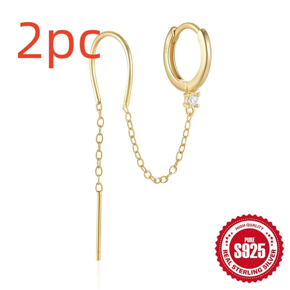 S925 sterling silver geometric ear studs with flower, tassel and chain design in gold colour options