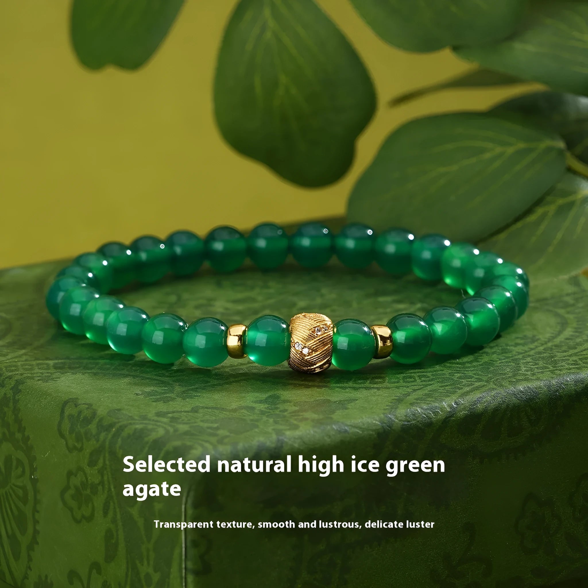 Natural green agate and S925 sterling silver bracelet with 6mm geometry beads and yellow gold finish