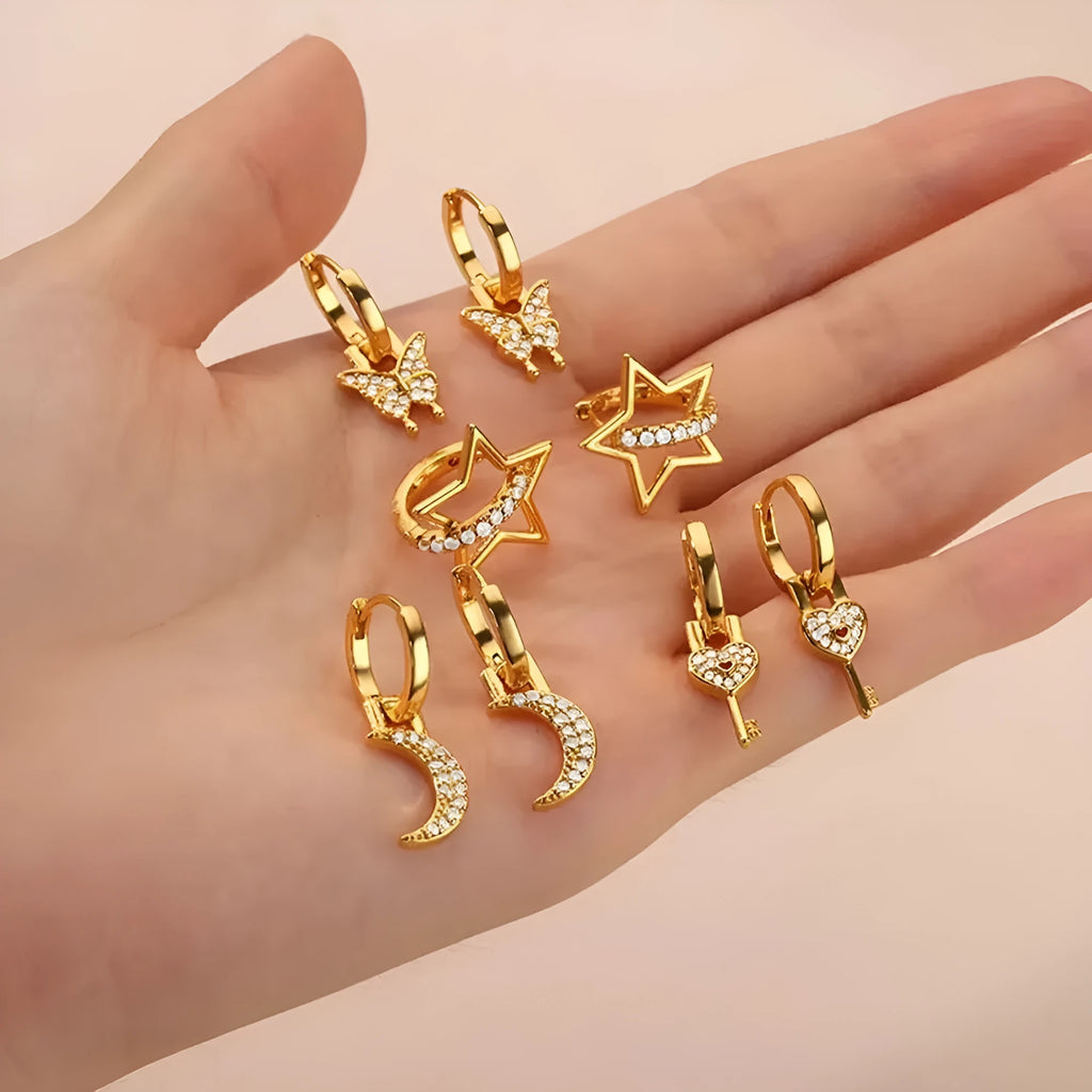 Geometric butterfly and heart-shaped women's earrings in copper with diamond treatment, multiple colours.
