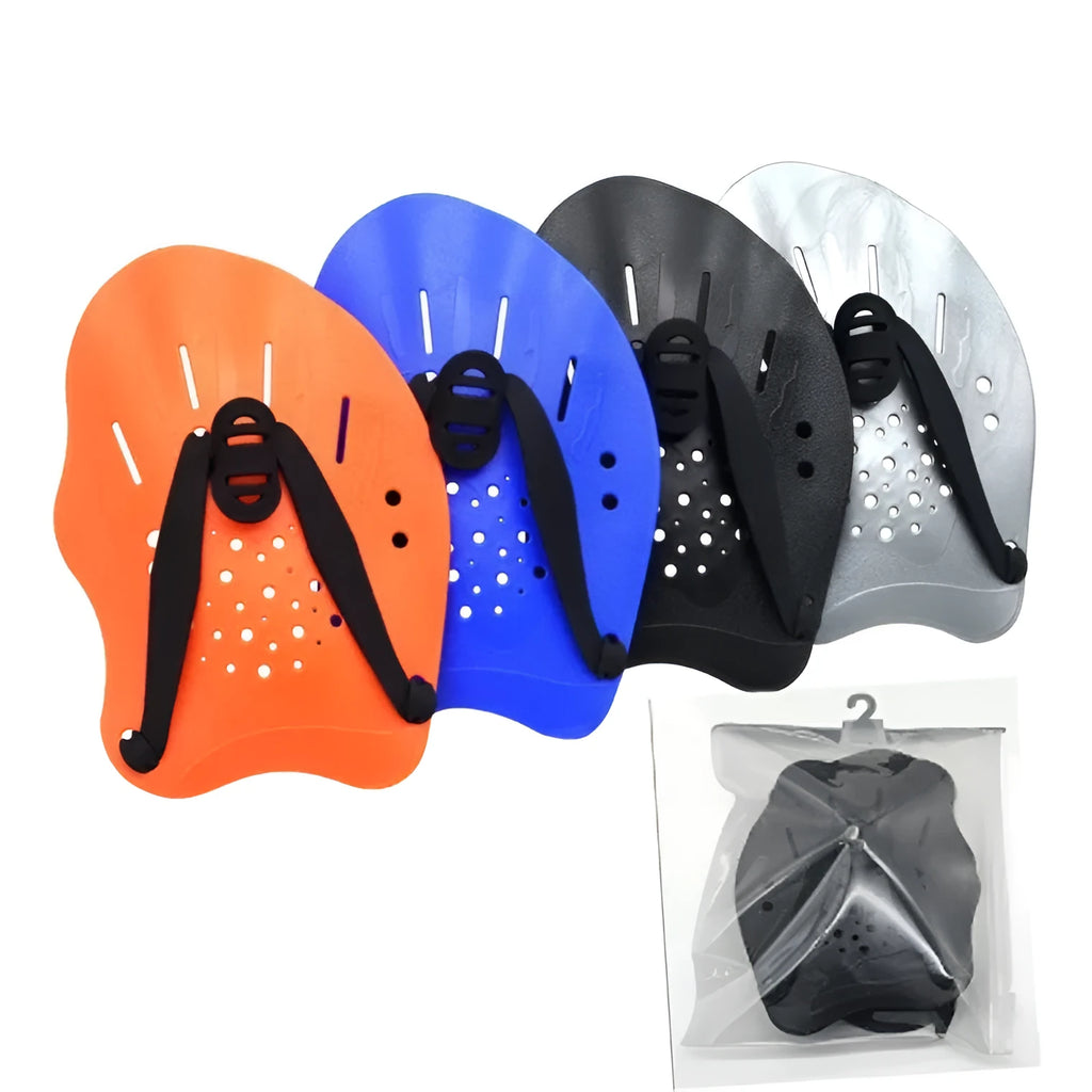 A pair of webbed swim training hand paddles for freestyle stroke, shown in various colours.
