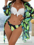 Women's three-piece bikini swimsuit with mesh split design in polyester fabric