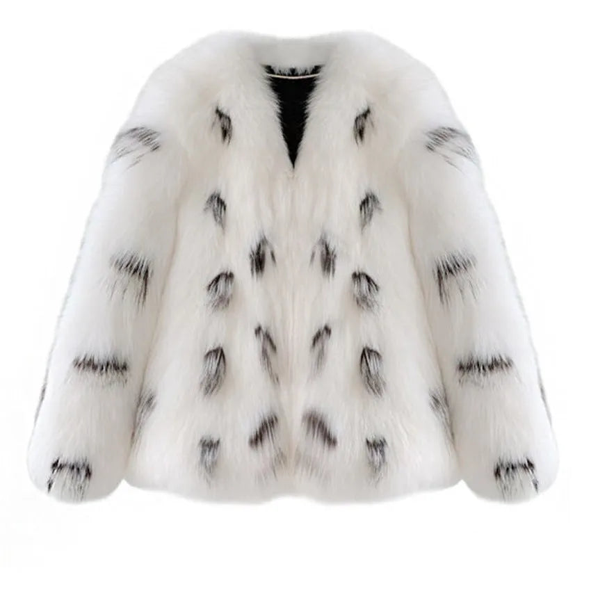 Black and white women's plus size slim-fit faux fur coat, Korean street style.
