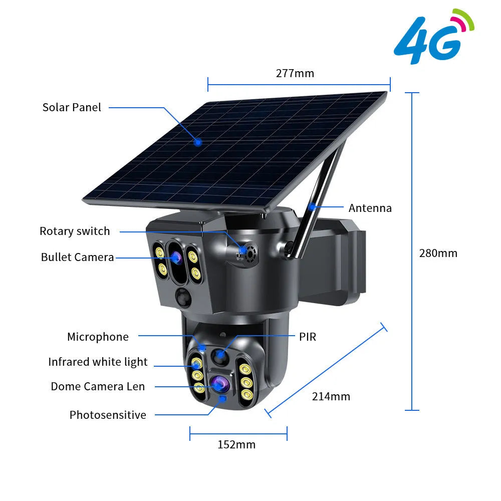 Solar-powered outdoor security camera with wall bracket and dual lens monitor.