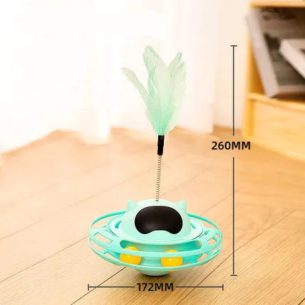 Pink cat stick toy with rotating tumbler turntable measuring 17cm by 10cm