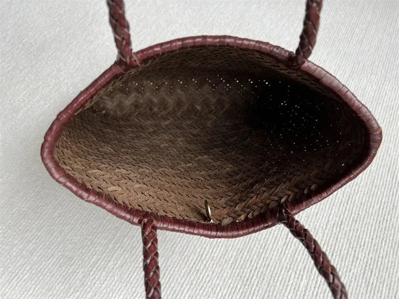 Brown handmade woven genuine leather shoulder tote bag with a front pocket