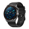 Black stainless steel smartwatch with black silicone strap showing a 1.39-inch circular touchscreen display.