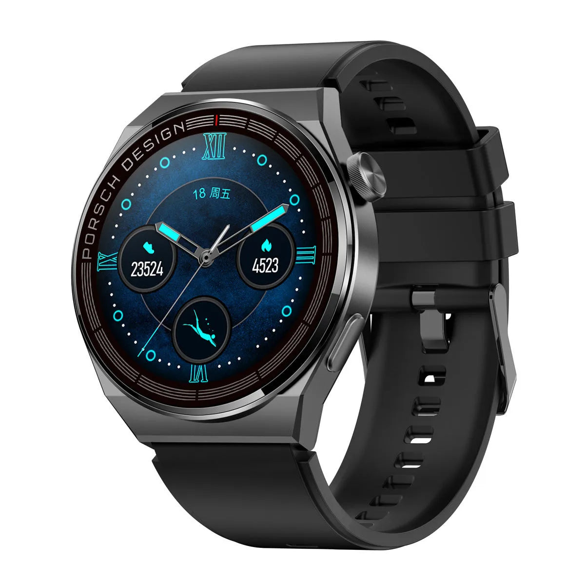 Black stainless steel smartwatch with black silicone strap showing a 1.39-inch circular touchscreen display.