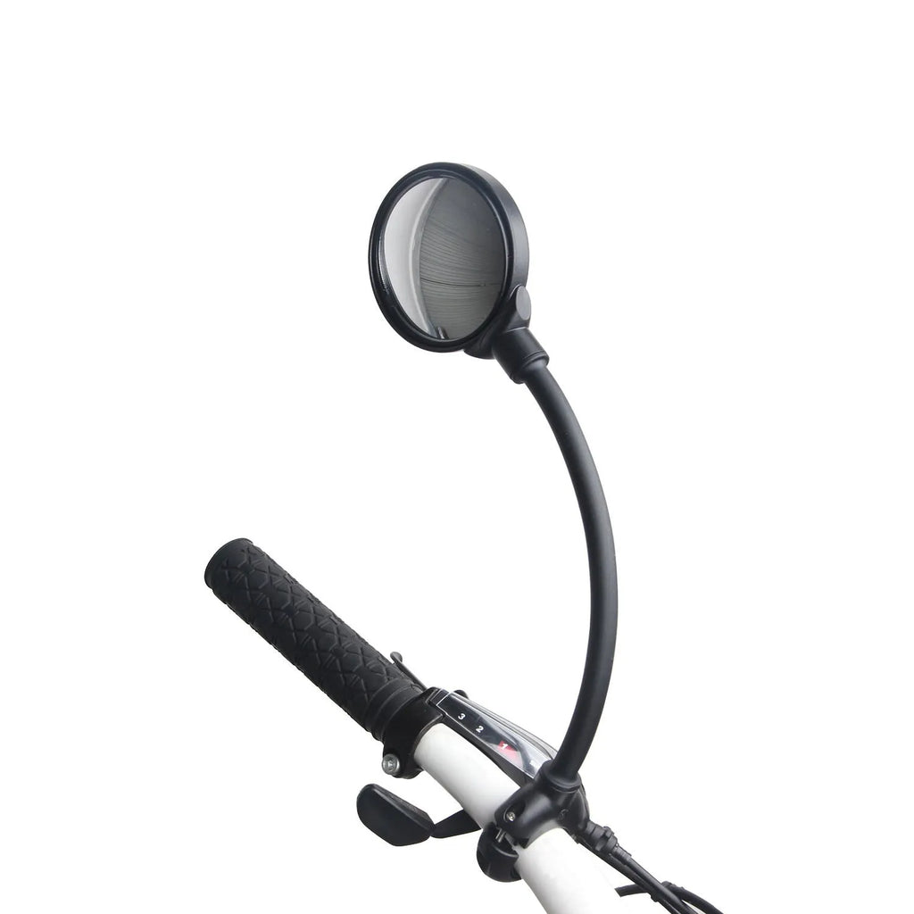 Black bicycle rearview mirror with hose adjustment mechanism mounted on handlebars