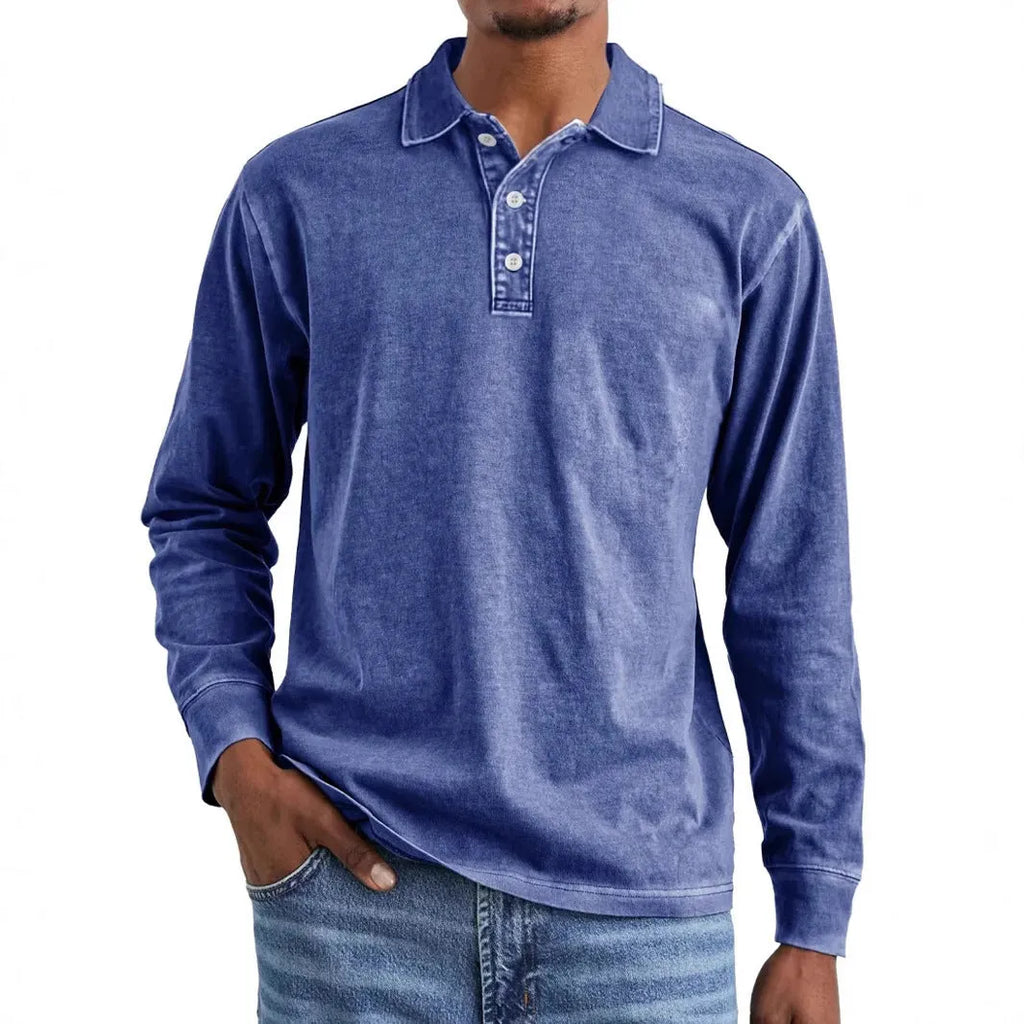 Men's distressed cotton lapel polo shirt in retro washed army green with long sleeves