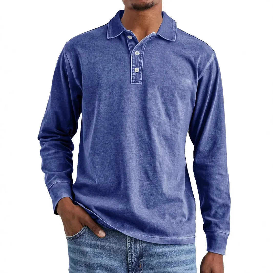 Men's distressed cotton lapel polo shirt in retro washed army green with long sleeves