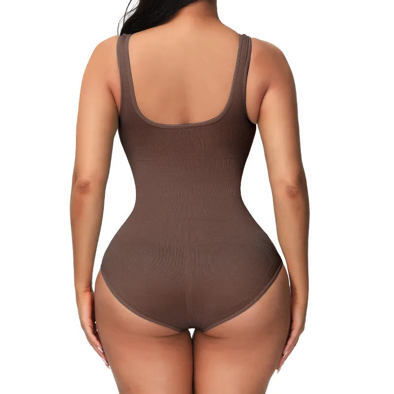 Seamless women's shapewear bodysuit in thin nylon fabric showing waist support and hip lift design.