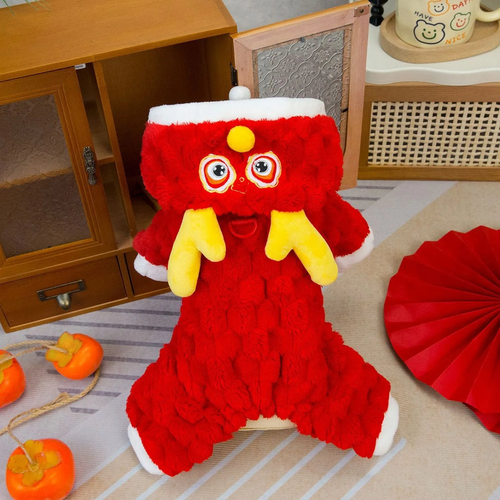 Red Little Dragon cartoon design pet jacket in double-sided velvet material showing size options from S to XXL