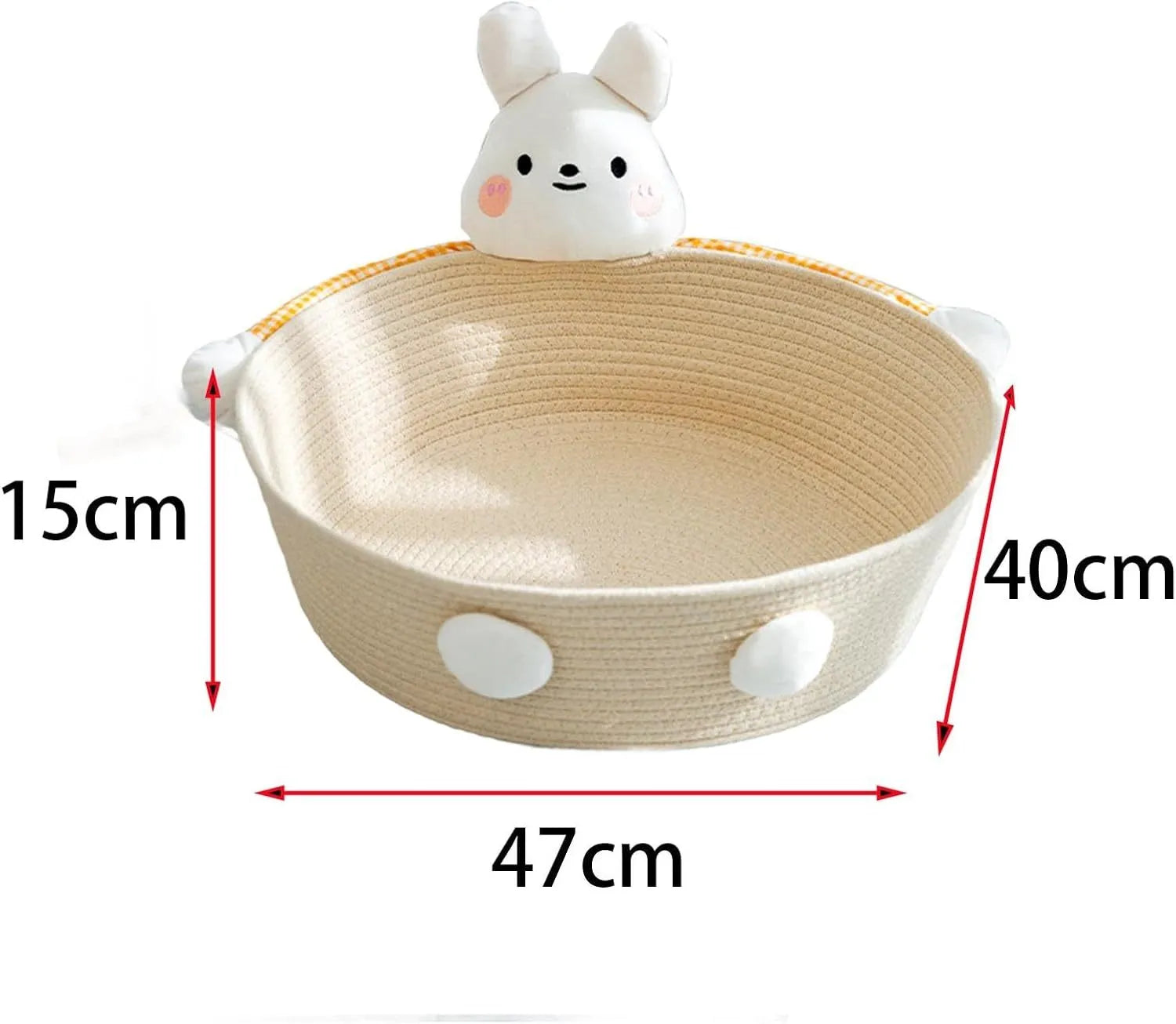Woven cotton rope cat bed and scratcher basket with rabbit design, shown in three available sizes.