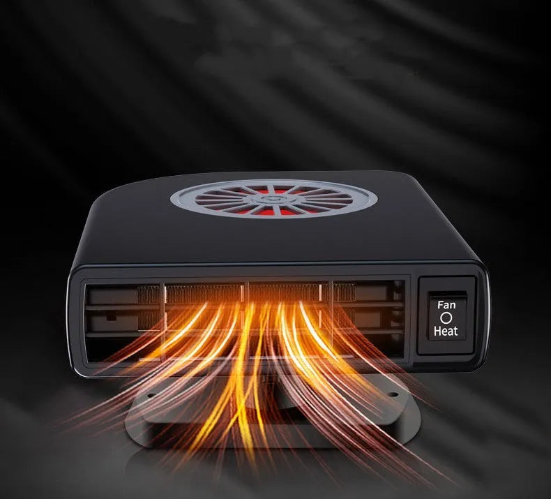 Black compact vehicle-mounted heater for car defrosting and defogging with adjustable nozzle.