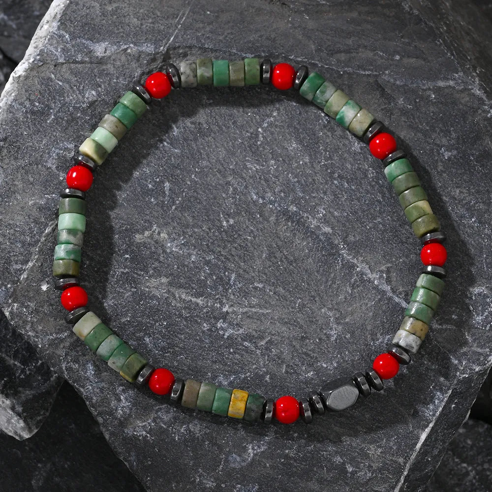 Men's bohemian bracelet with cylindrical semi-precious stone beads on a hand-woven cord.