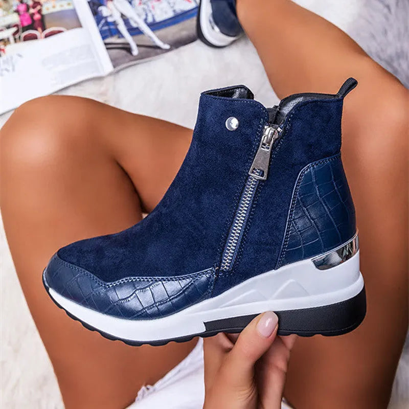 Womens black wedge platform ankle boots with suede look, side zipper, and cotton lining