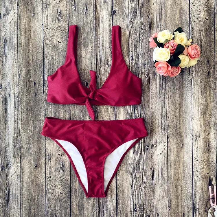 Pure colour polyester bikini set with sleeveless design in European and American style