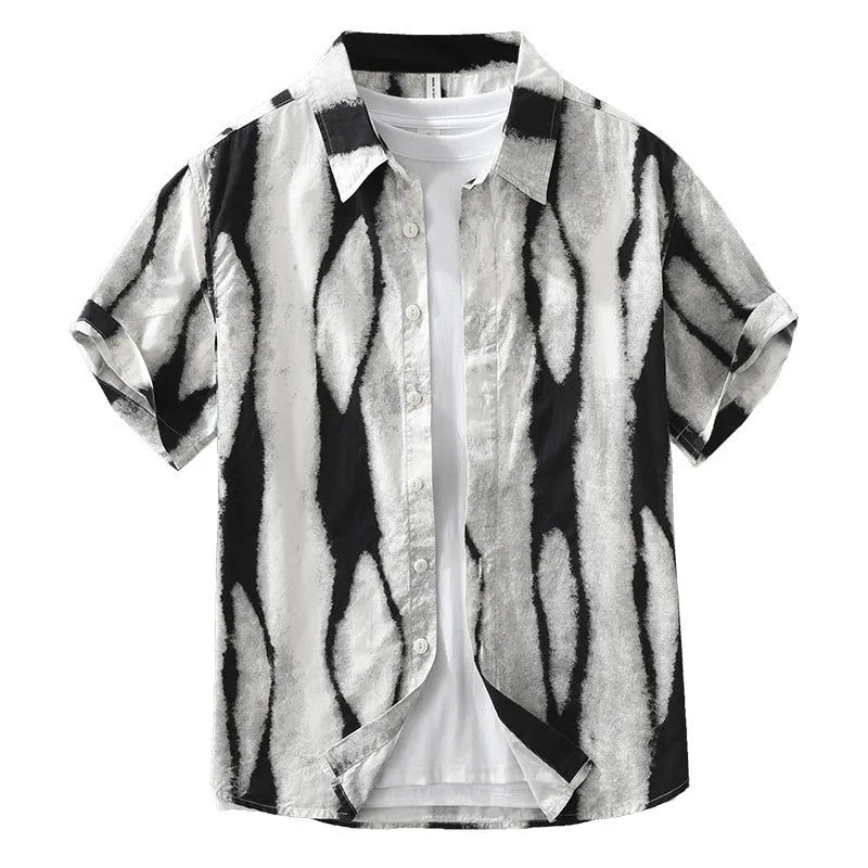 A black and brown retro striped short sleeve cotton shirt with a loose cardigan fit.