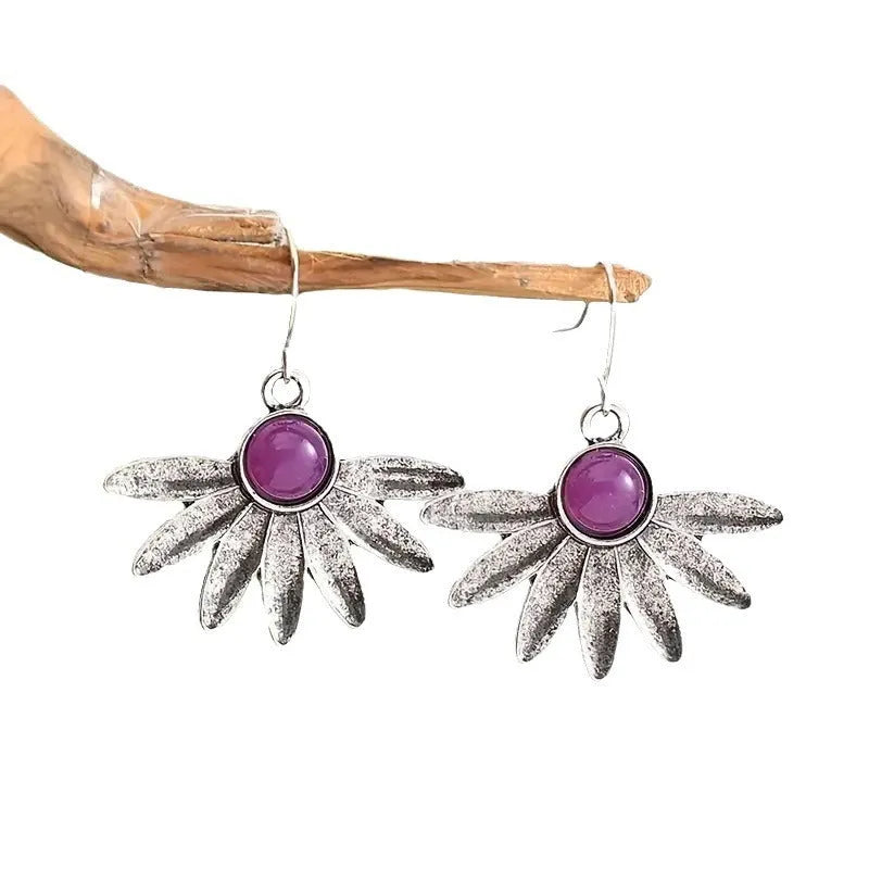 Purple Bohemian style earrings with floral patterns and animal zodiac design in resin and alloy
