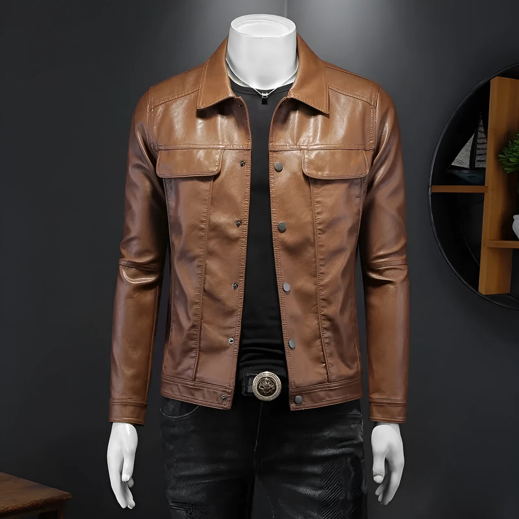 Men's long-sleeved lapel motorcycle PU leather coat in black, regular fit with bag cover slit pockets