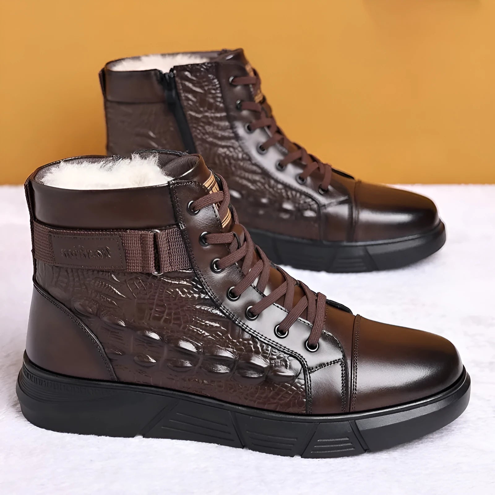 Black genuine leather snow boots with a fur collar, rubber sole, and front laces on a winter background.