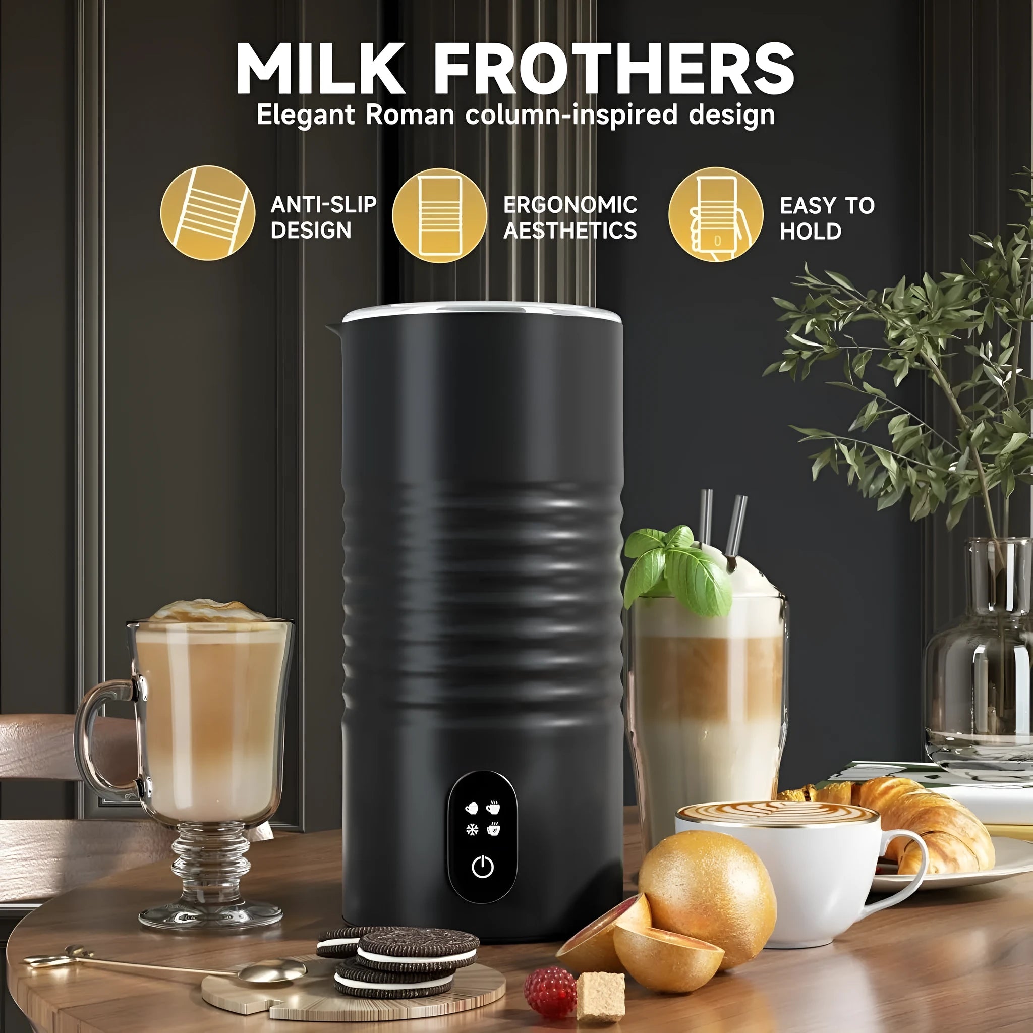 Automatic milk frother with stainless steel tank and hot cold foam modes on countertop