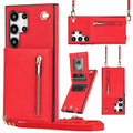 Leather Samsung phone case with crossbody strap and zippered card slot in various colours.