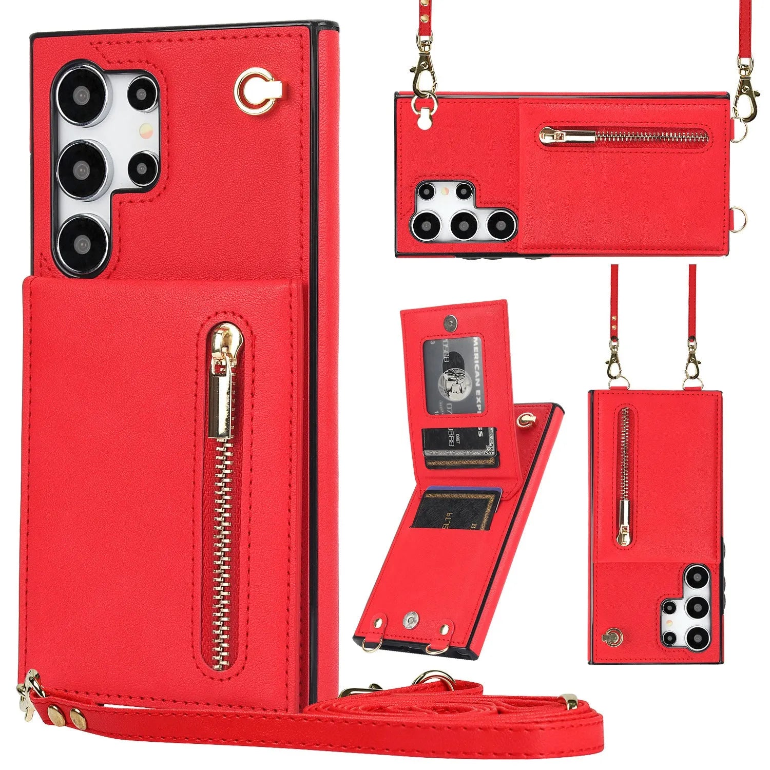 Leather Samsung phone case with crossbody strap and zippered card slot in various colours.