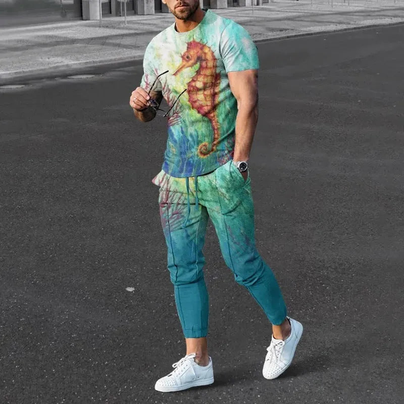 Man wearing a solid colour printed short-sleeve T-shirt and matching trousers from a sportswear set.