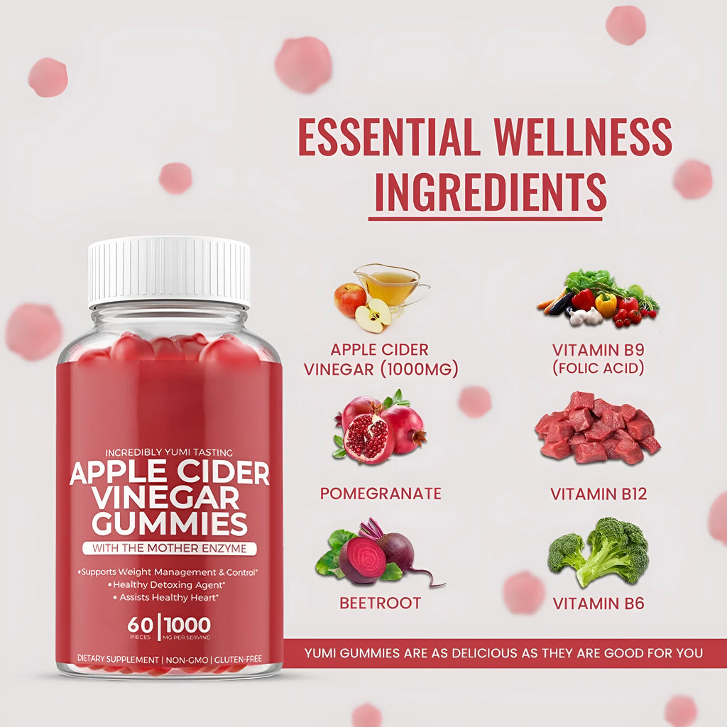 Bottle of apple cider vinegar gummy supplements containing 60 chewable tablets for adults