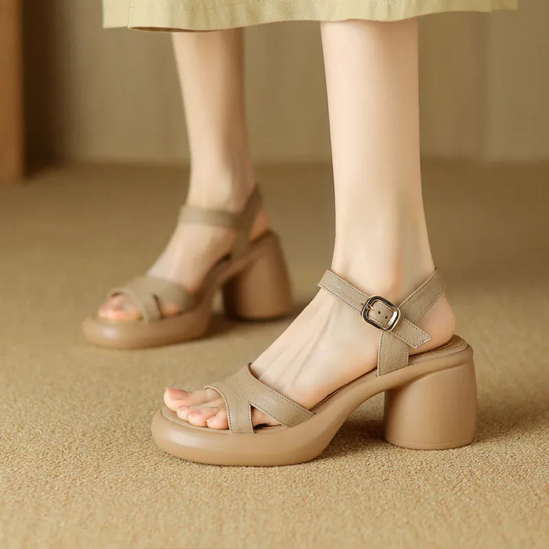 Women's open toe platform sandals in apricot with a round toe holder and chunky rubber sole.