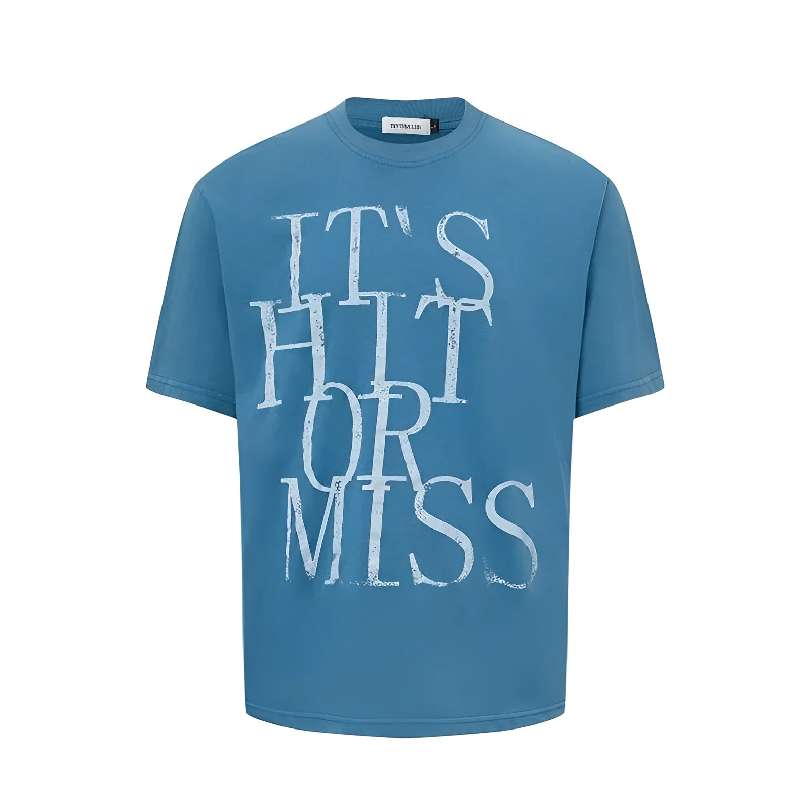 Men's blue American retro style t-shirt with white letter print and loose fit