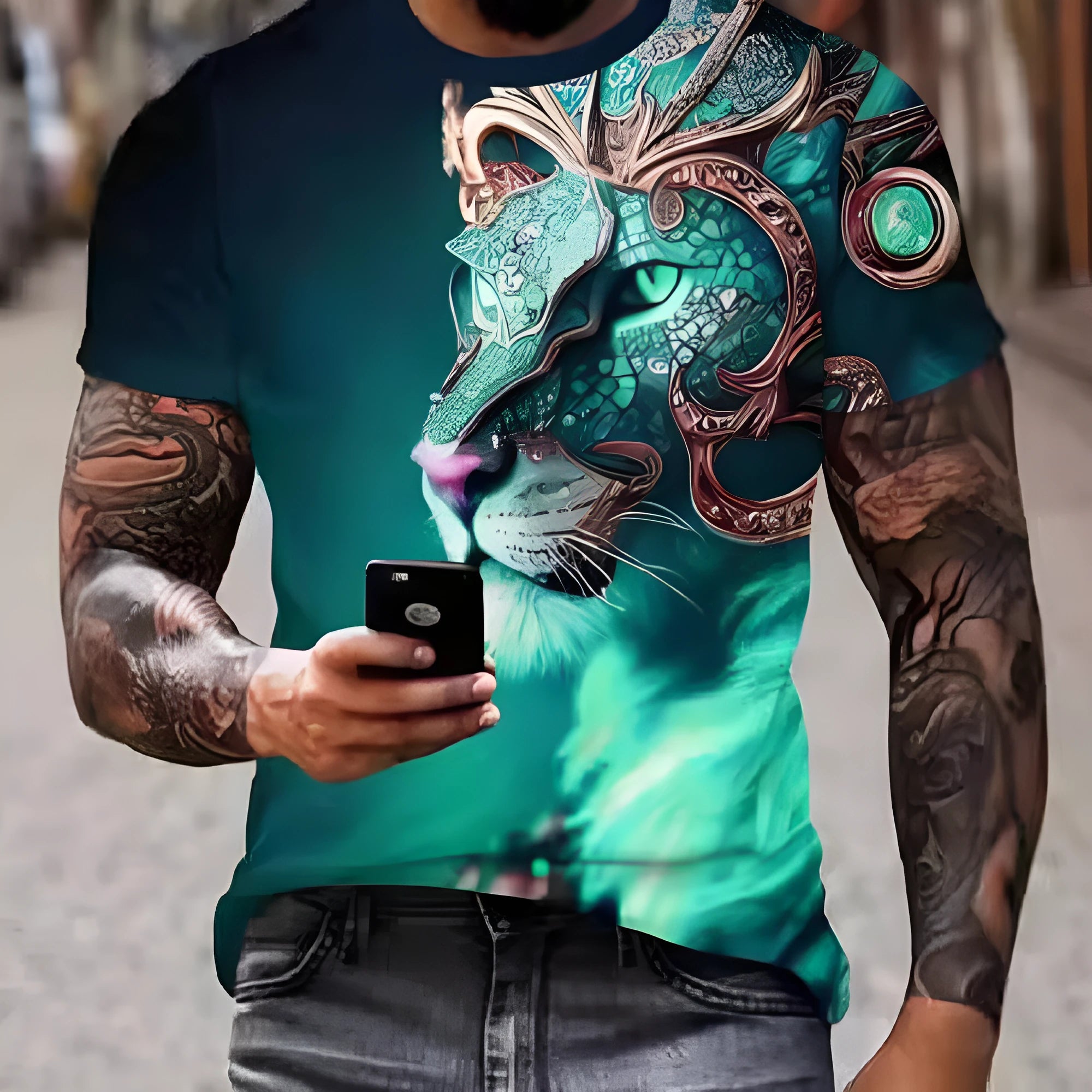 Men's black T-shirt with three-dimensional lion graphic print on front