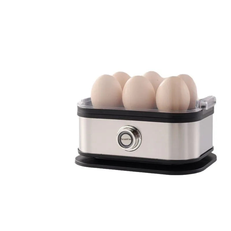Black portable stainless steel egg boiler with international power adapters for travel use