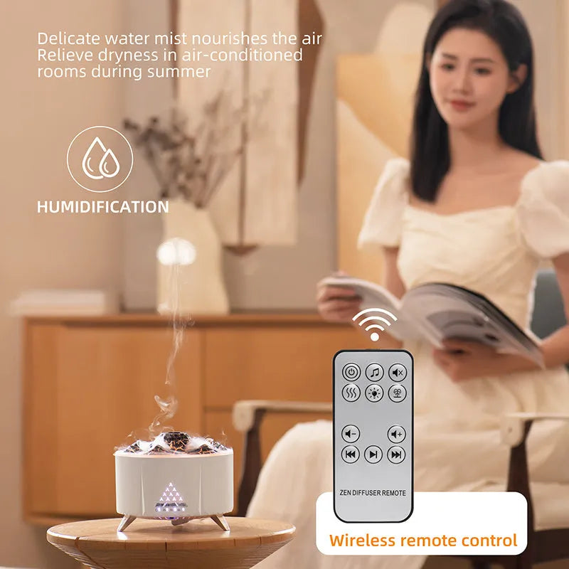 White mini simulated flame ultrasonic aromatherapy humidifier on wooden surface with remote control