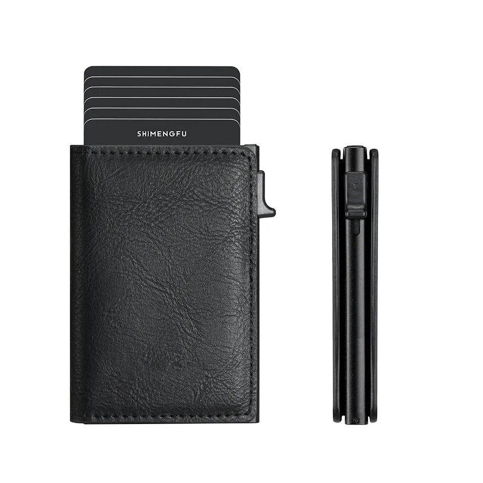Pop-up aluminium alloy card wallet in retro PU leather with anti-theft function, front view