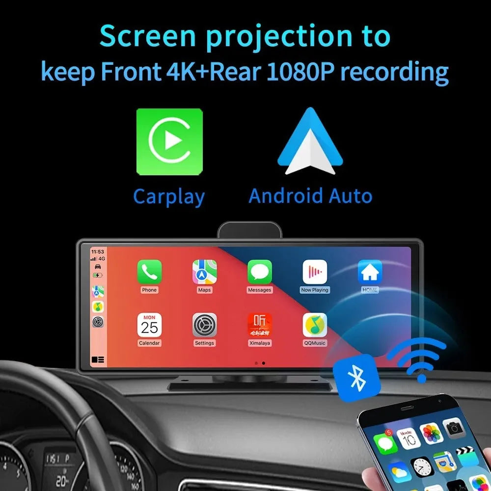 10.26 inch car dash camera with touch screen for front and rear recording