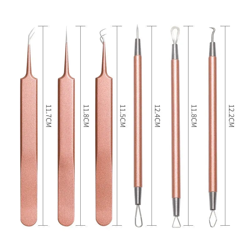 Six rose gold stainless steel acne removal tools arranged in set for facial pimple extraction