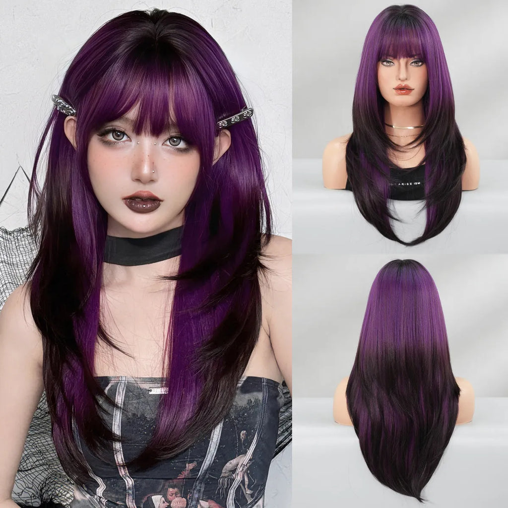 Vanilla green long straight women's wig with bangs measuring 63cm made from domestic silk