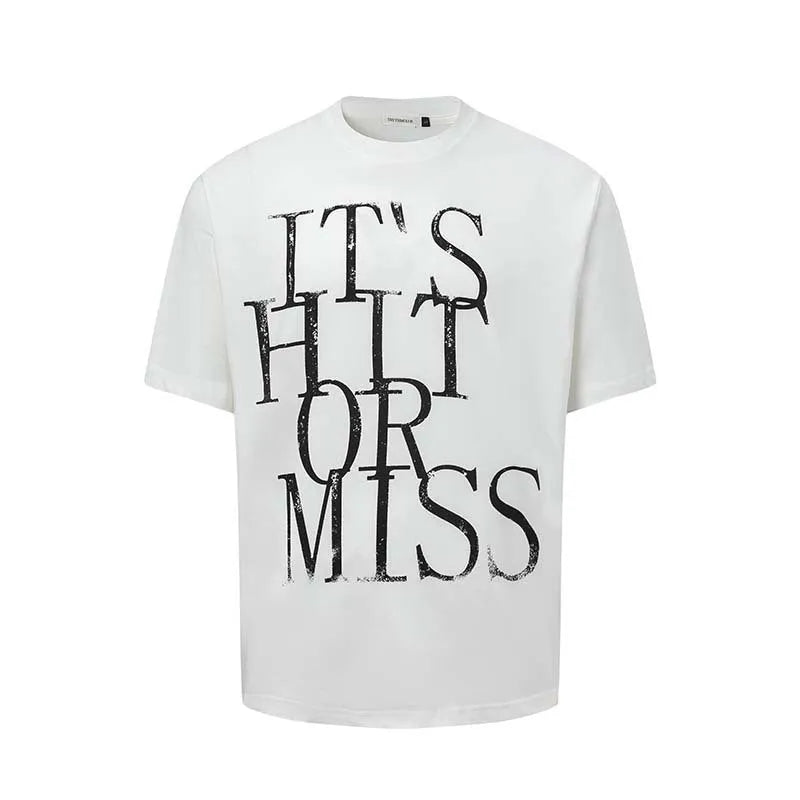 Men's blue American retro style t-shirt with white letter print and loose fit