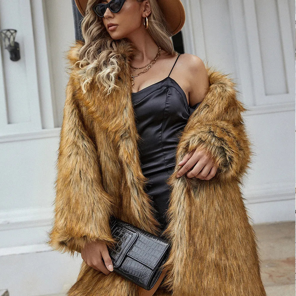 Yellow loose-fitting faux fur trench coat for women with regular sleeves.