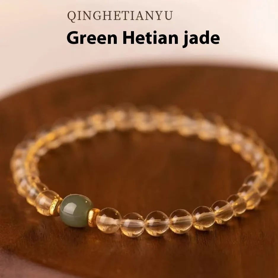 Handmade unisex bracelet with Brazilian rutilated quartz beads, pearls, and gold-plated clasp