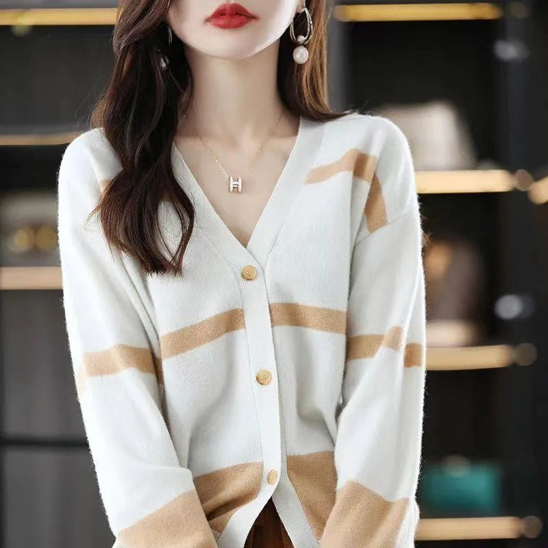 Women's slim fit striped knitted cardigan with 3D pattern and V-neck in multiple colour options