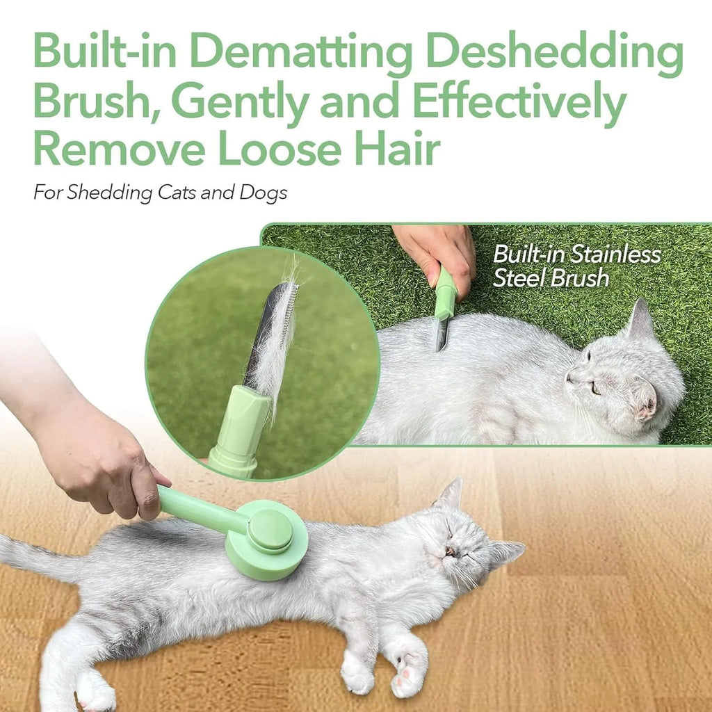 Green and yellow 2-in-1 pet grooming and deshedding brush with curved stainless steel teeth on a white background.