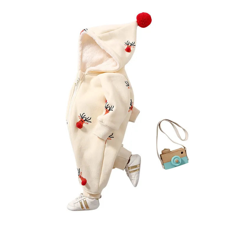 Khaki cotton padded baby crawl suit with Christmas moose pattern, one-piece romper for infants