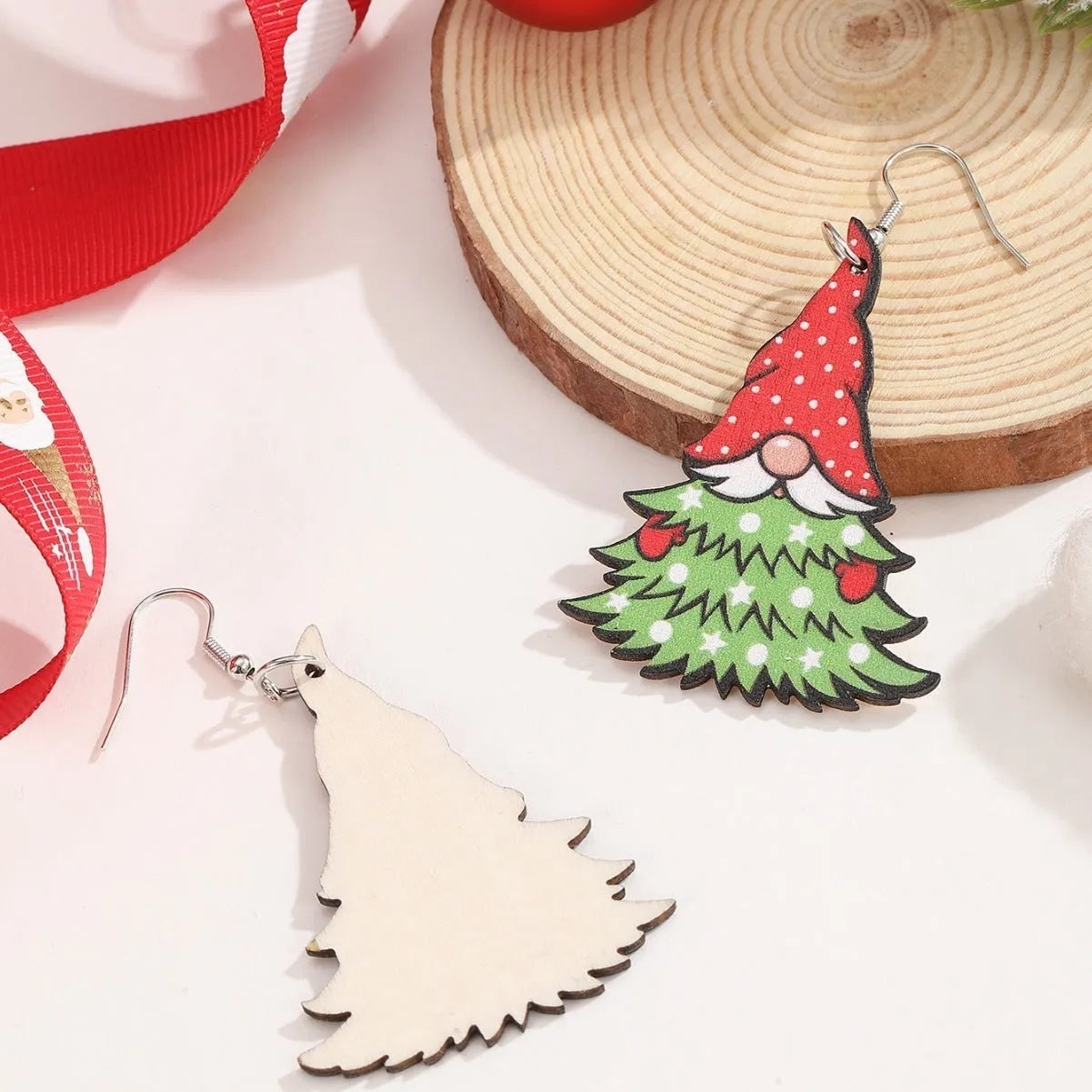 Wooden Christmas earrings with printed Christmas Tree and Water Drop Christmas Snowman designs
