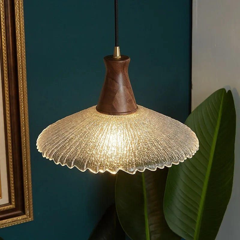Wood and brass electroplated ceiling lamp with glass shade in three available sizes